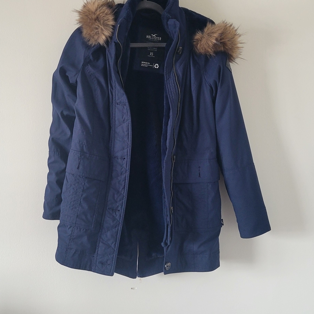 Hollister Women's Dark Blue Coat with Faux Fur Trim